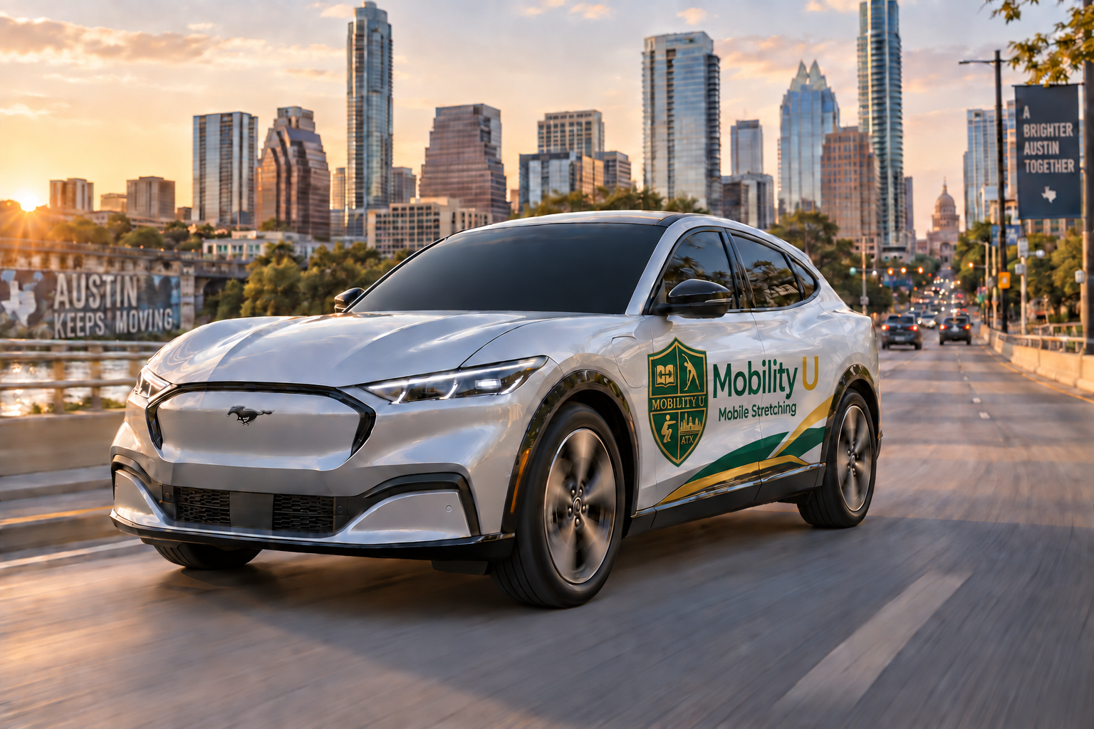 The Mobility U wrapped Ford Mach-E on a bridge with the Austin skyline behind it